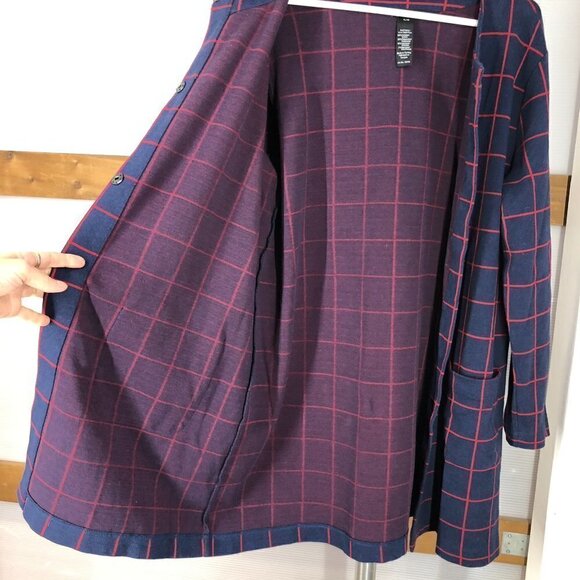 Olsen Navy Blue & Red Simple Plaid Long Cardigan Jacket Sz XL (16) - Picture 8 of 11